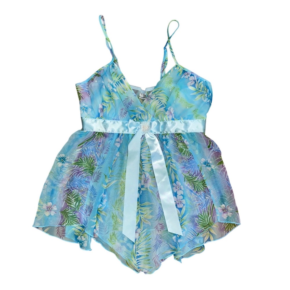 Vintage fairy Blue Tropical Floral Sheer Babydoll Top Sequin Large sexy